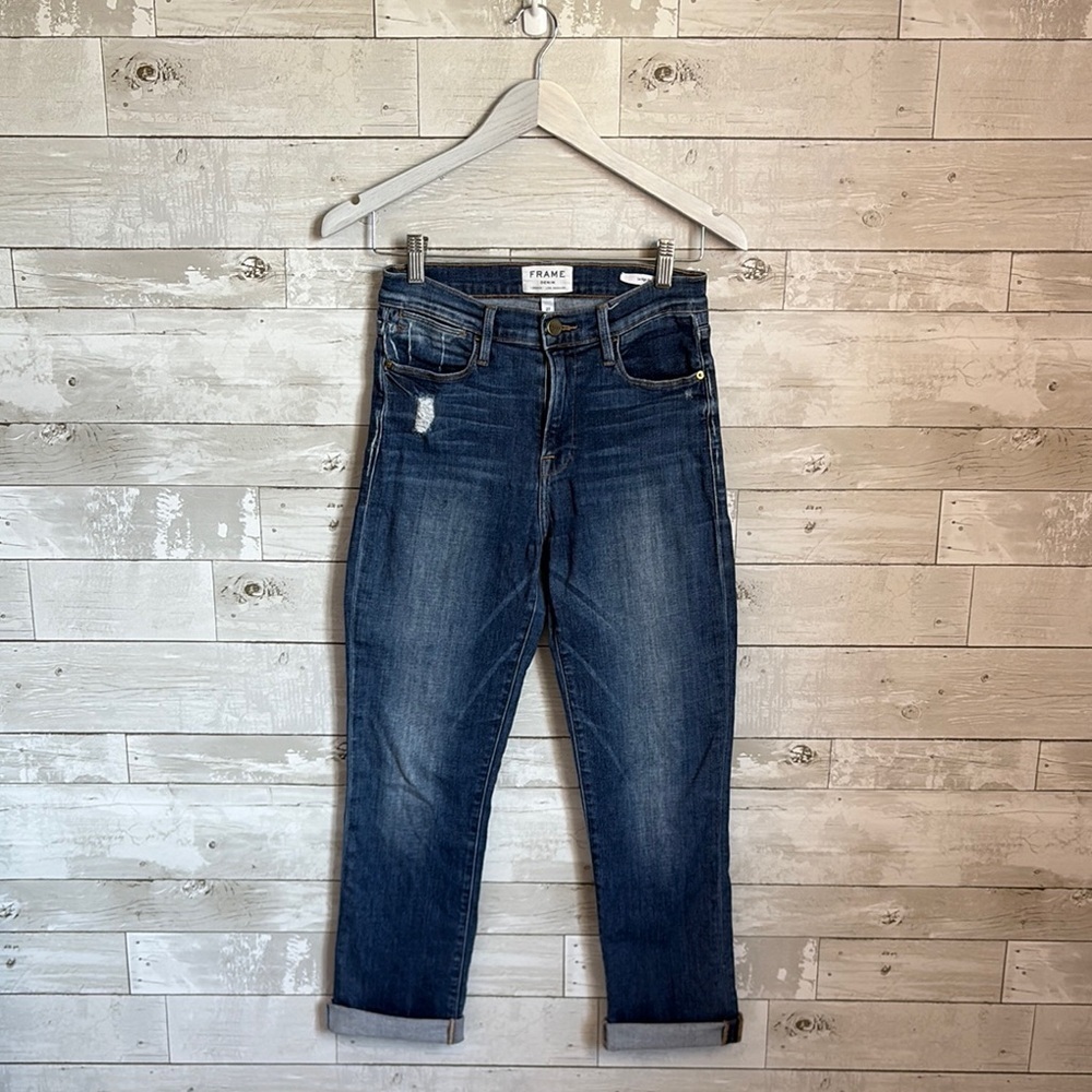 FRAME DENIM Distressed Dark Wash High Rise Straight Jean